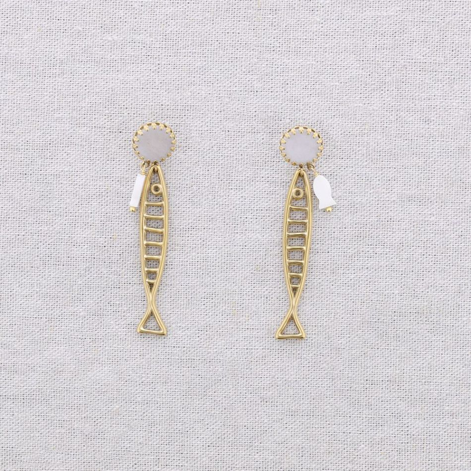 STEEL EARRINGS FISH STONE MOTHER OF PEARL