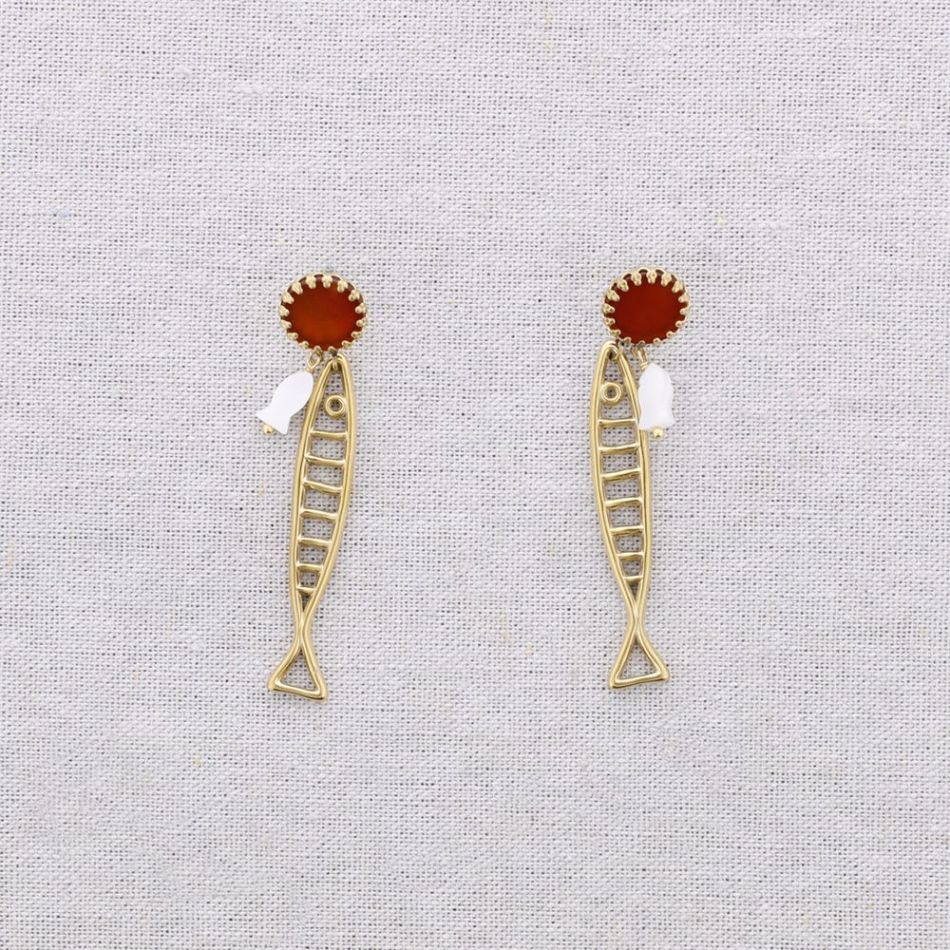 STEEL EARRINGS FISH STONE MOTHER OF PEARL