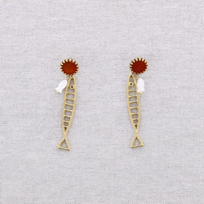 STEEL EARRINGS FISH STONE MOTHER OF PEARL