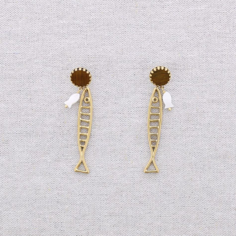 STEEL EARRINGS FISH STONE MOTHER OF PEARL