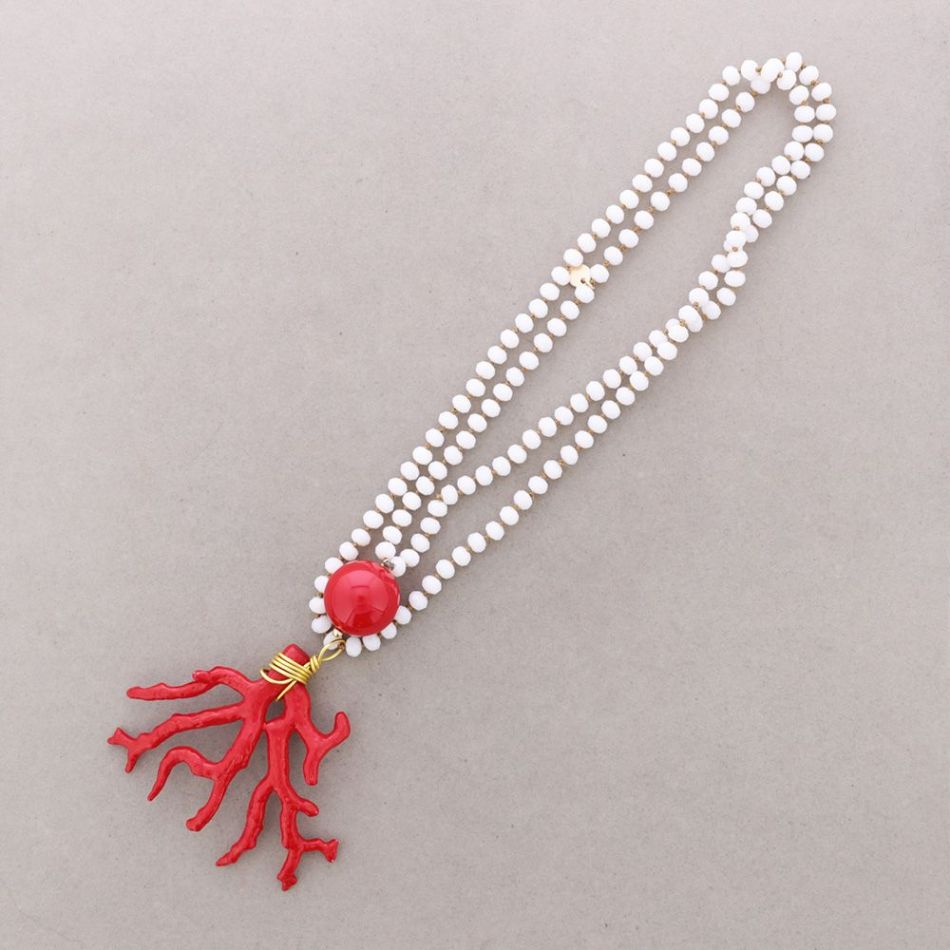 COLLAR LARGO CUENTAS CRISTALES FACETADOS COLGANTE CORAL RESINA 8MM 120CM