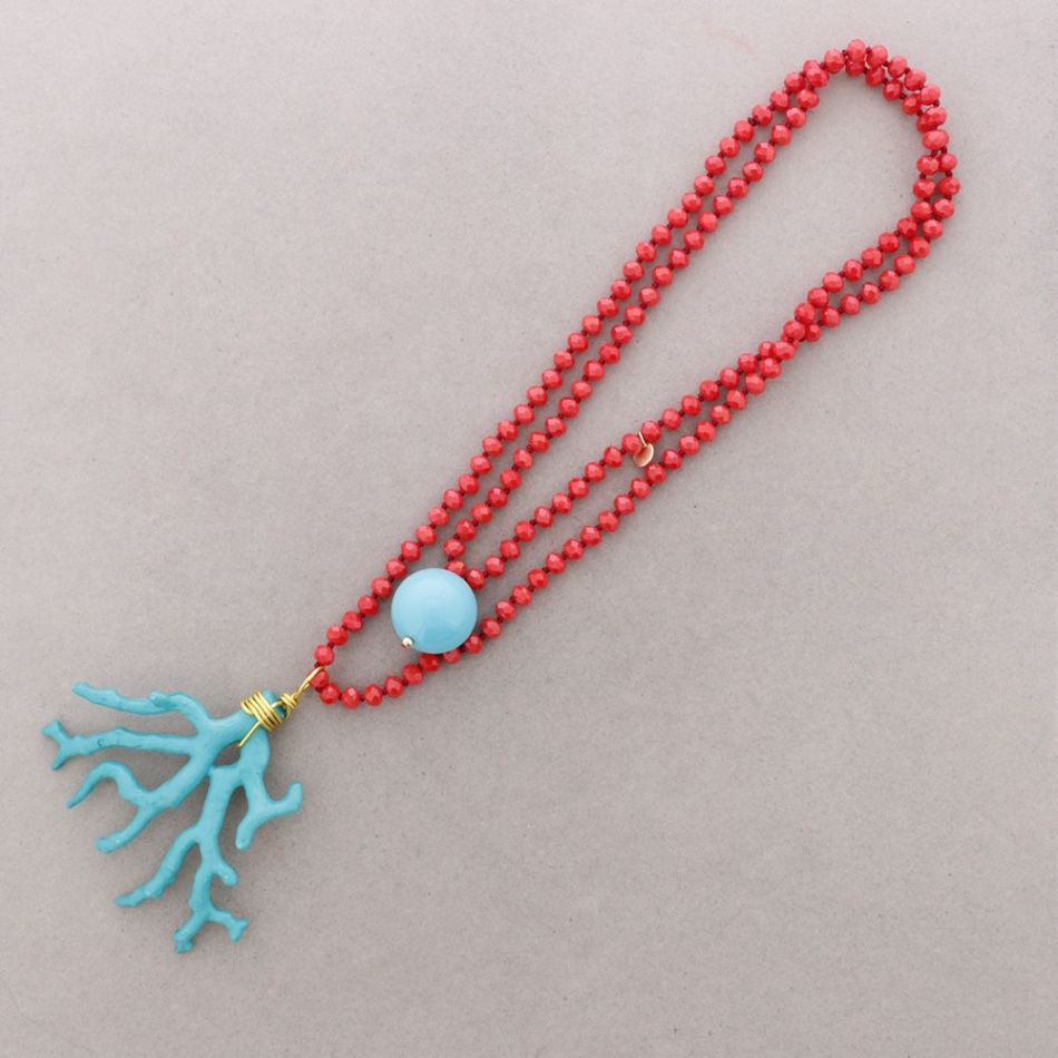 COLLAR LARGO CUENTAS CRISTALES FACETADOS COLGANTE CORAL RESINA 8MM 120CM