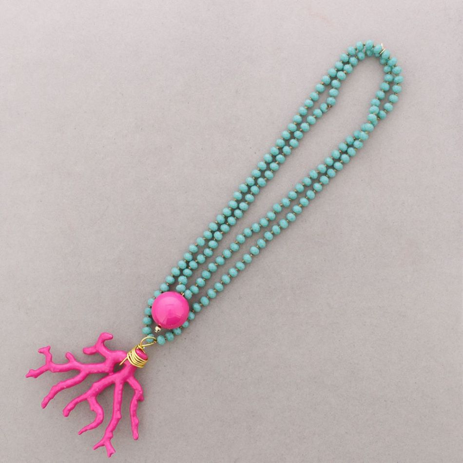COLLAR LARGO CUENTAS CRISTALES FACETADOS COLGANTE CORAL RESINA 8MM 120CM