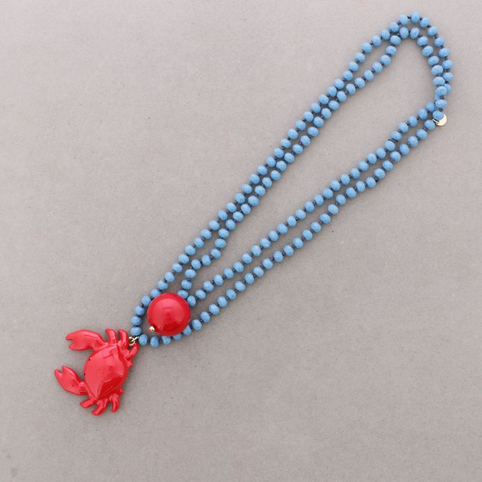 LONG NECKLACE FACETED CRYSTAL BEADS METAL CRAB PENDANT 8MM 120CM