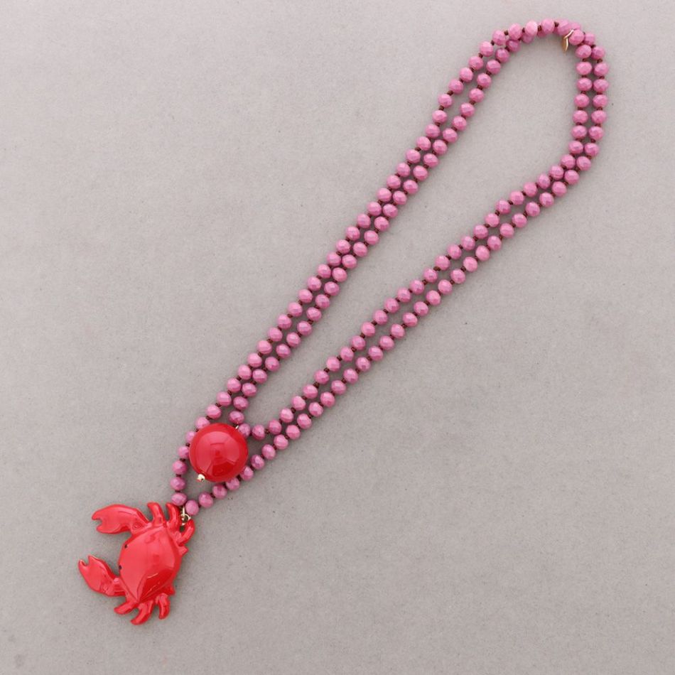LONG NECKLACE FACETED CRYSTAL BEADS METAL CRAB PENDANT 8MM 120CM