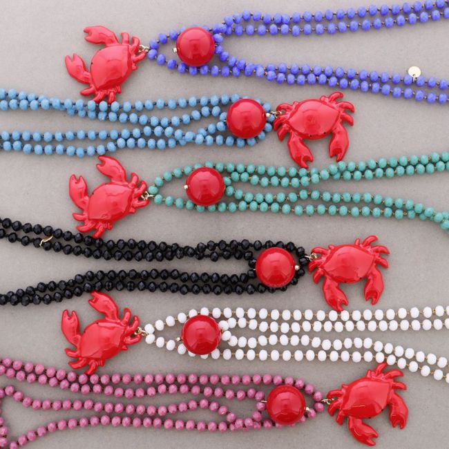 LONG NECKLACE FACETED CRYSTAL BEADS METAL CRAB PENDANT 8MM 120CM