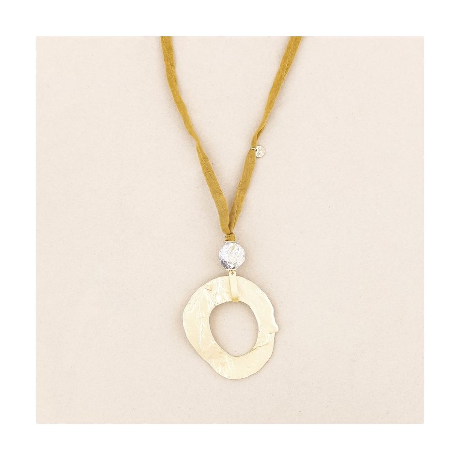 METAL DONUT STONE LONG PENDANT NECKLACE