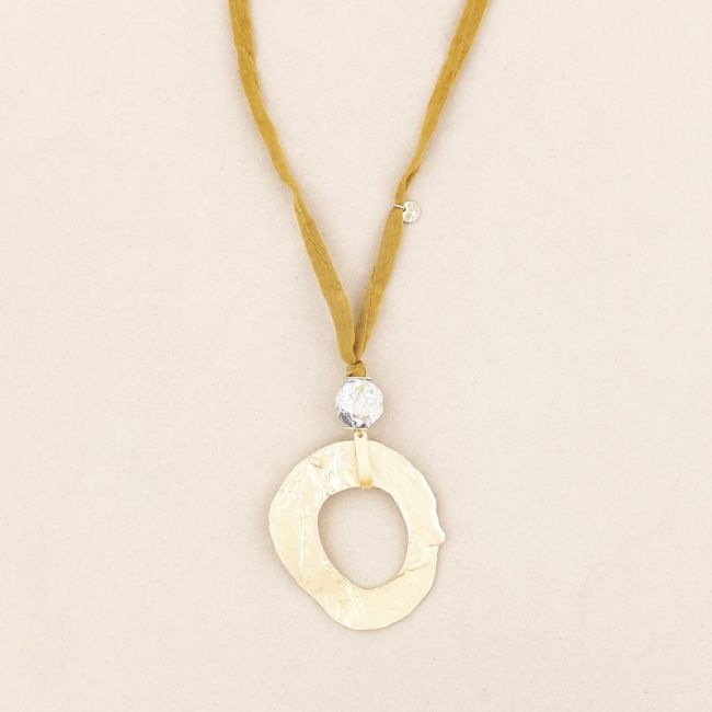 METAL DONUT STONE LONG PENDANT NECKLACE