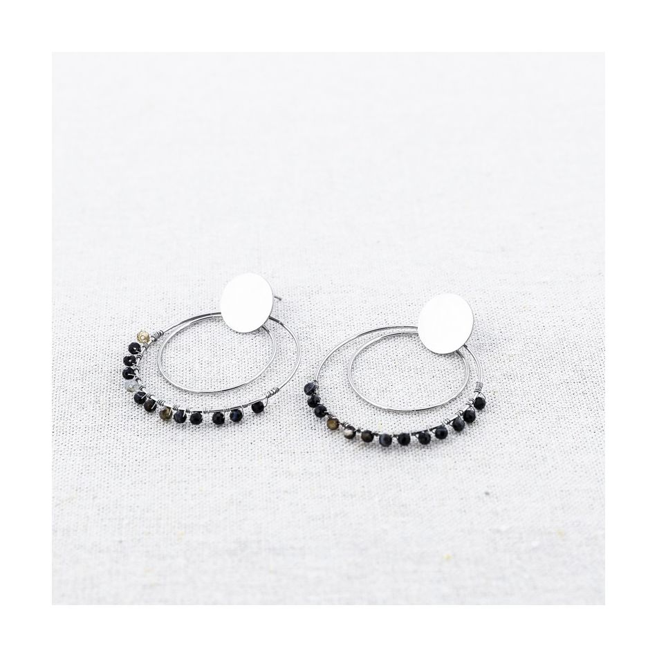 DOUBLE RING STONE STEEL EARRINGS