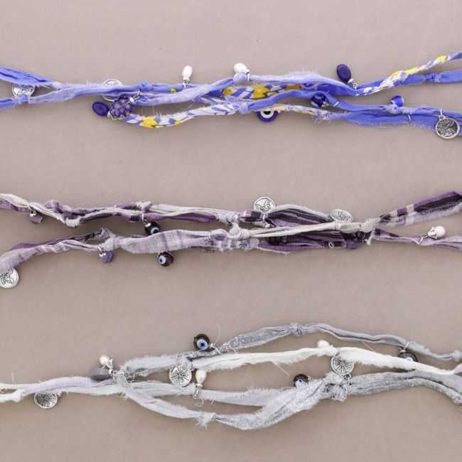 LONG FABRIC NECKLACE WITH METAL BEADS AND STONES