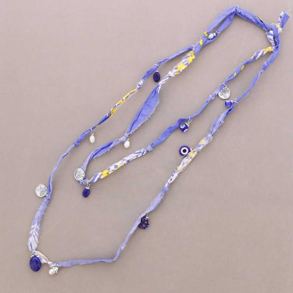 LONG FABRIC NECKLACE WITH METAL BEADS AND STONES