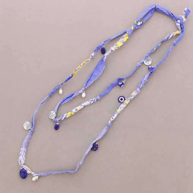 LONG FABRIC NECKLACE WITH METAL BEADS AND STONES
