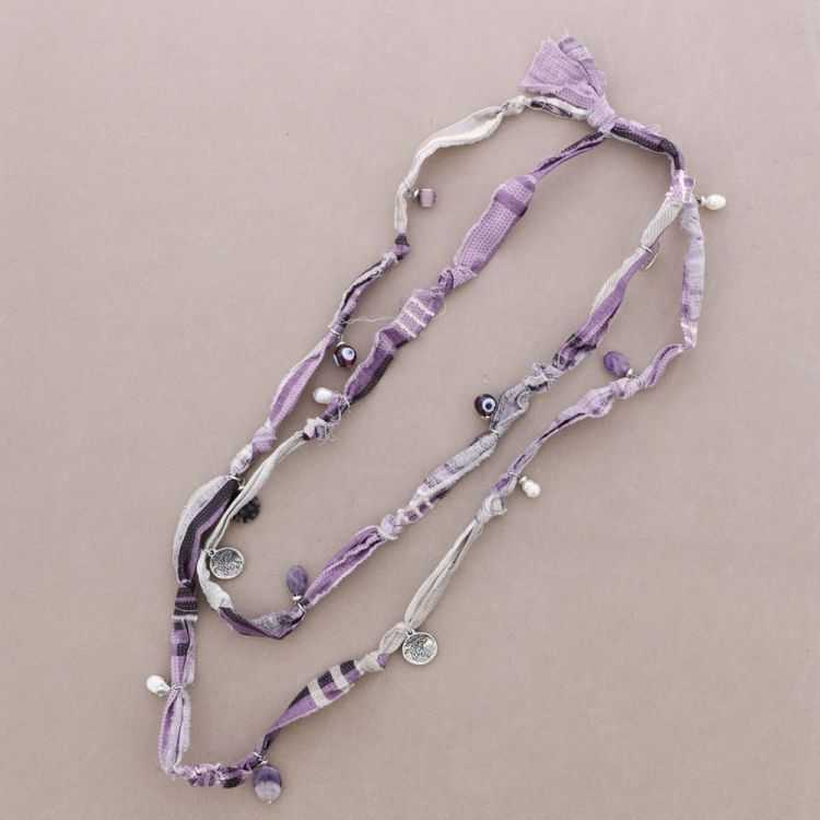 COLLAR LARGO TELA CUENTAS METAL PIEDRAS