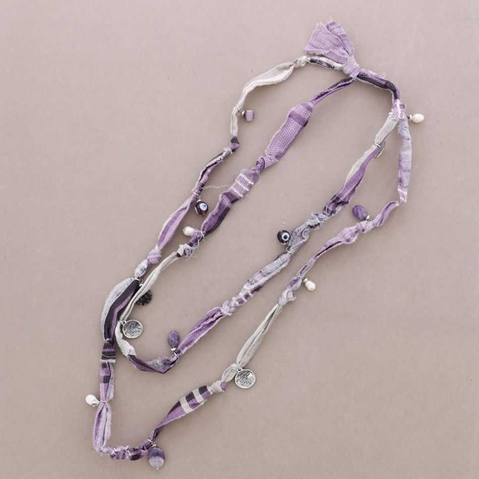 LONG FABRIC NECKLACE WITH METAL BEADS AND STONES