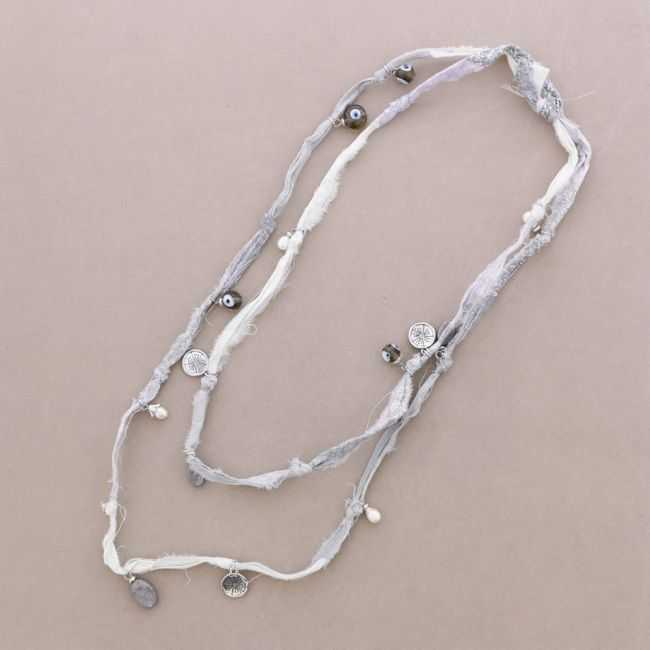 LONG FABRIC NECKLACE WITH METAL BEADS AND STONES