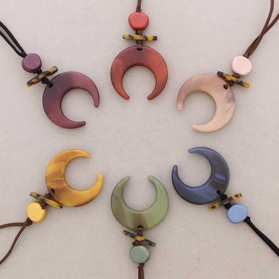 LONG RESIN HALF MOON PENDANT NECKLACE