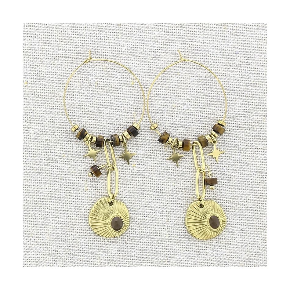 STEEL HOOP EARRINGS HANGING MEDAL