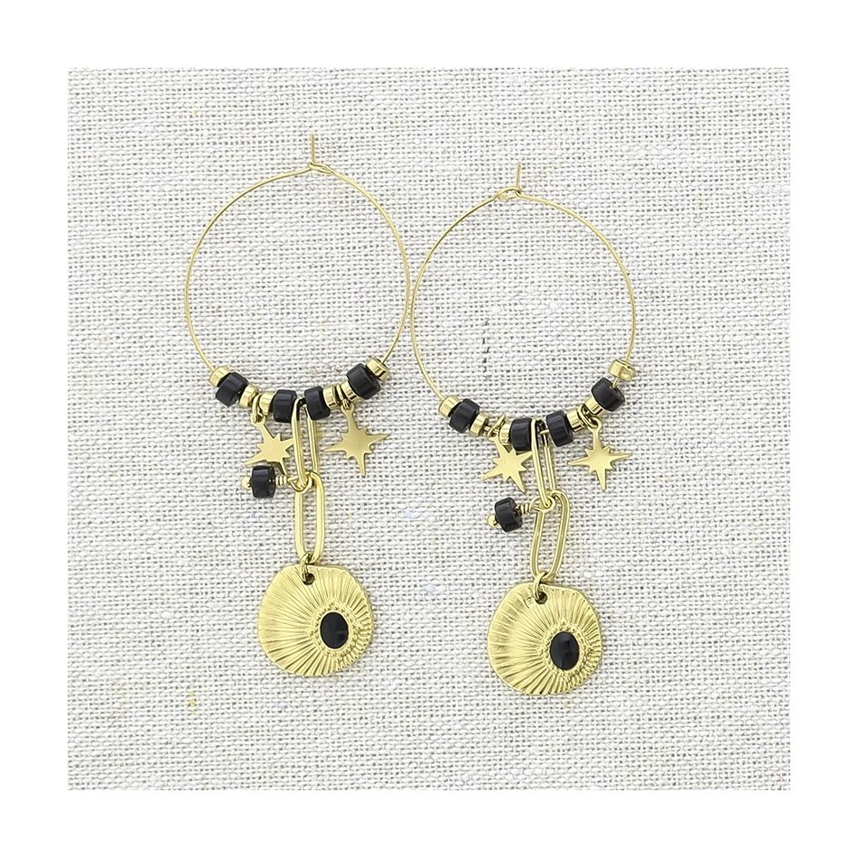STEEL HOOP EARRINGS HANGING MEDAL