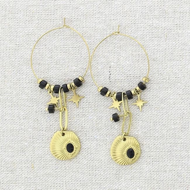 STEEL HOOP EARRINGS HANGING MEDAL