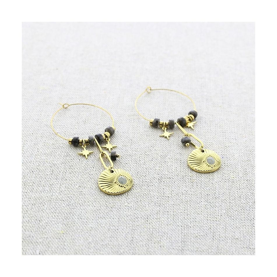 STEEL HOOP EARRINGS HANGING MEDAL