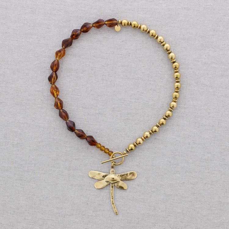 STEEL SHORT NECKLACE WITH RESIN BEADS AND DRAGONFLY PENDANT