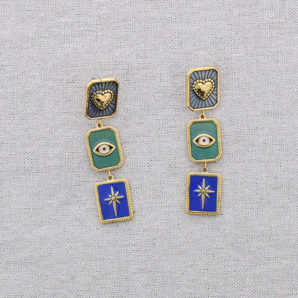 STEEL EARRINGS HEART PENDANTS TURKISH EYE ENAMEL SPARKLE