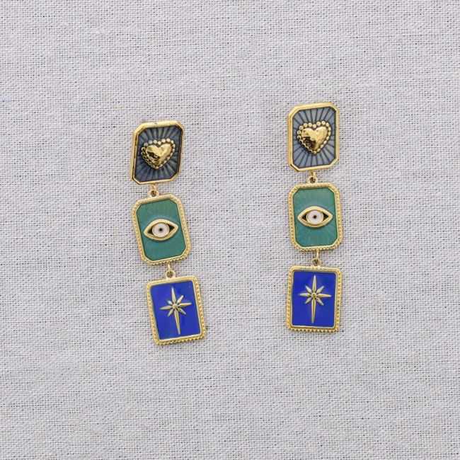 STEEL EARRINGS HEART PENDANTS TURKISH EYE ENAMEL SPARKLE