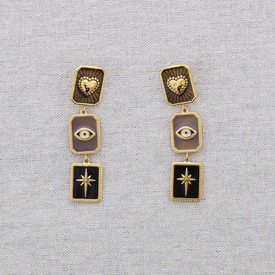 STEEL EARRINGS HEART PENDANTS TURKISH EYE ENAMEL SPARKLE
