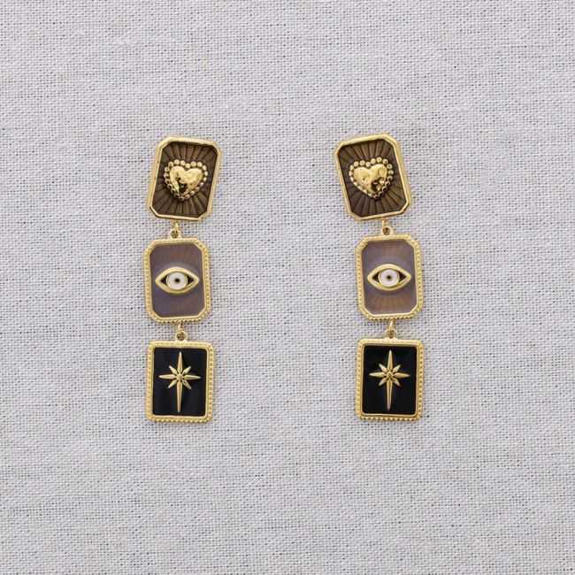 STEEL EARRINGS HEART PENDANTS TURKISH EYE ENAMEL SPARKLE