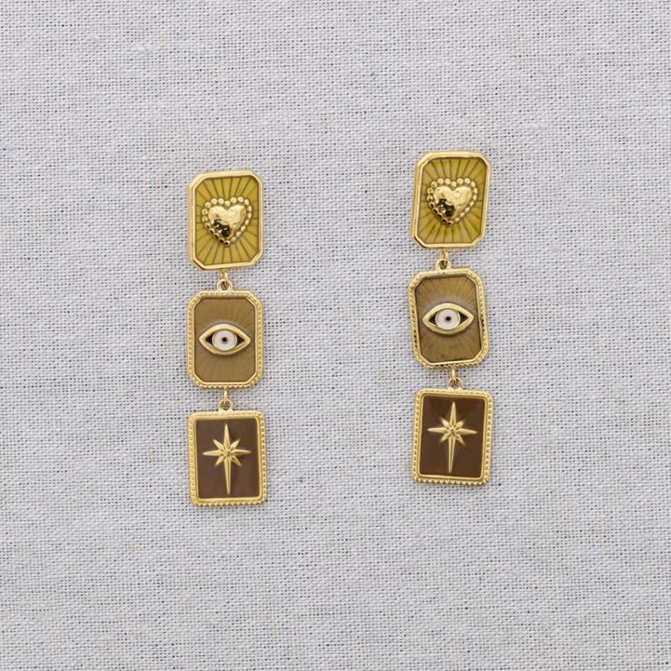 STEEL EARRINGS HEART PENDANTS TURKISH EYE ENAMEL SPARKLE