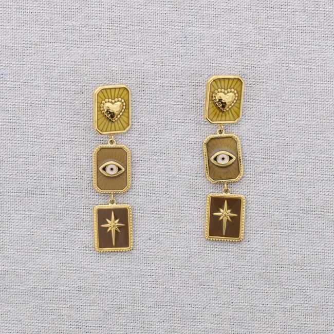 STEEL EARRINGS HEART PENDANTS TURKISH EYE ENAMEL SPARKLE