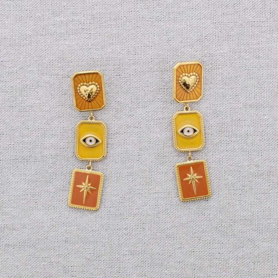 STEEL EARRINGS HEART PENDANTS TURKISH EYE ENAMEL SPARKLE