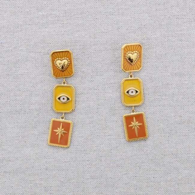 STEEL EARRINGS HEART PENDANTS TURKISH EYE ENAMEL SPARKLE