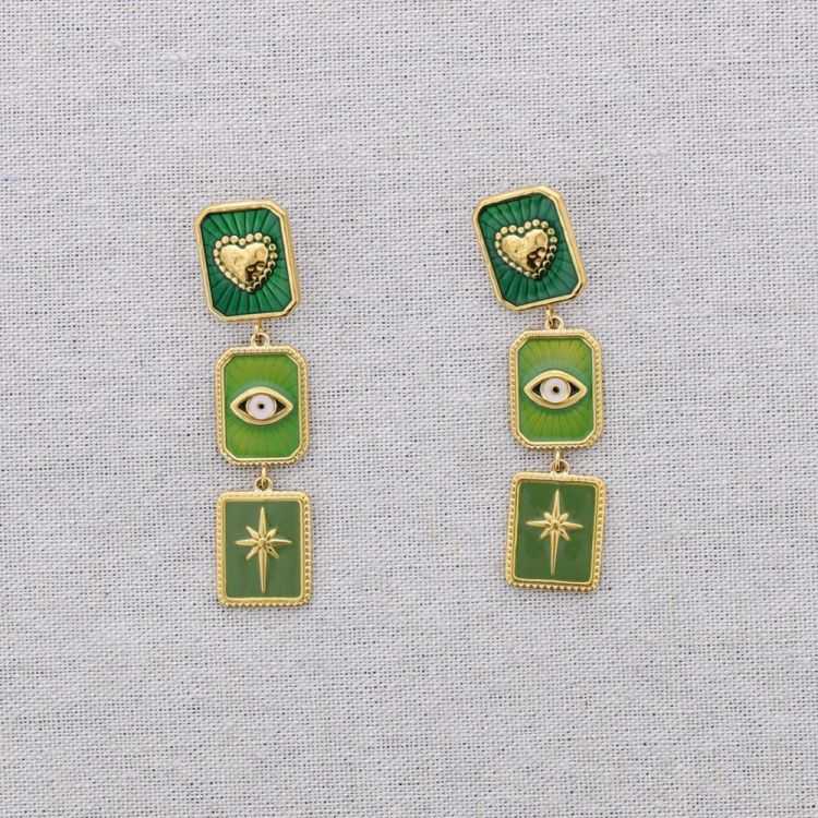 PENDIENTES ACERO COLGANTES CORAZÓN OJO TURCO CHISPA ESMALTE 2