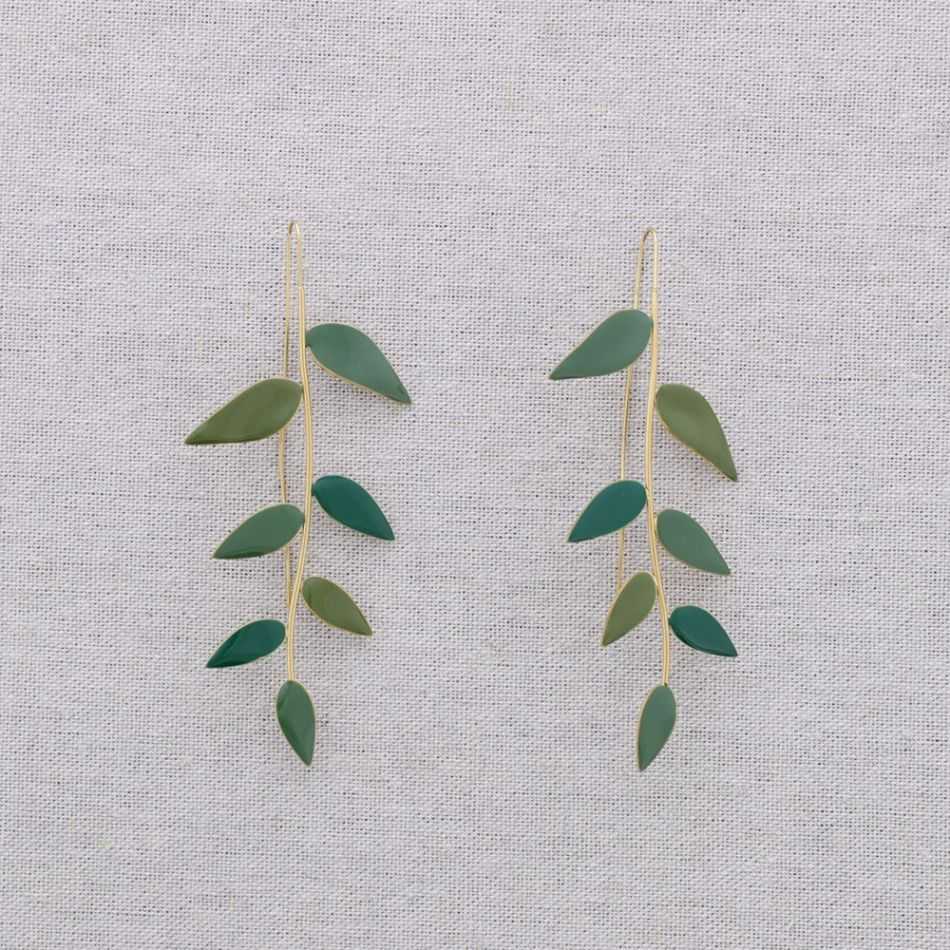 STEEL EARRINGS WITH ENAMEL BRANCH PENDANT