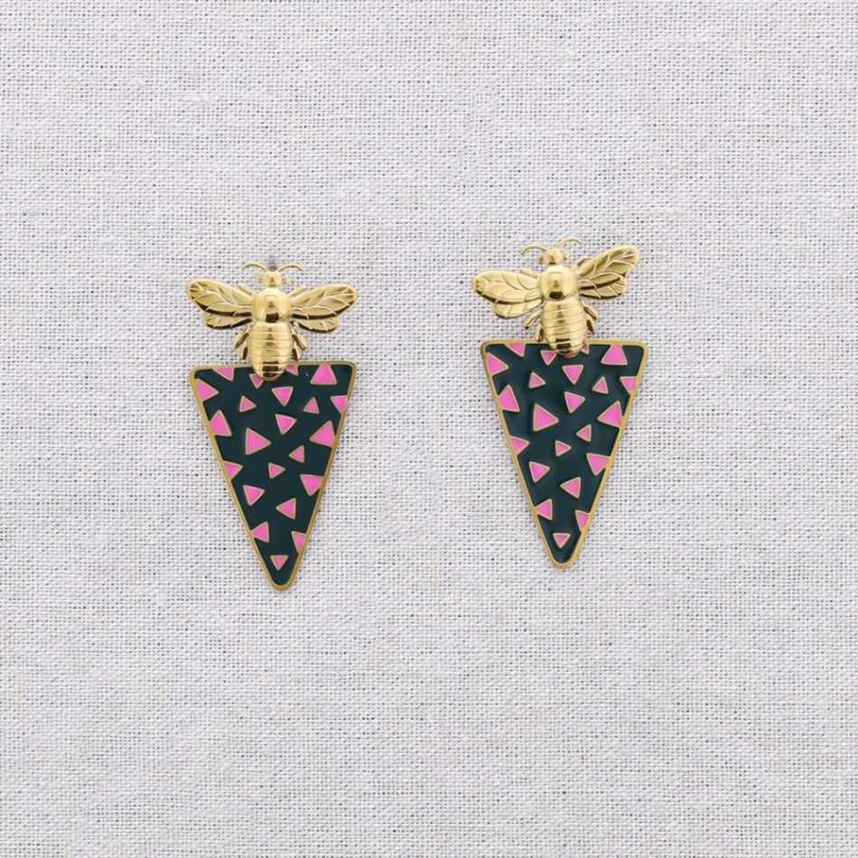 STEEL INSECT PENDANT EARRINGS TRIANGULAR ENAMEL