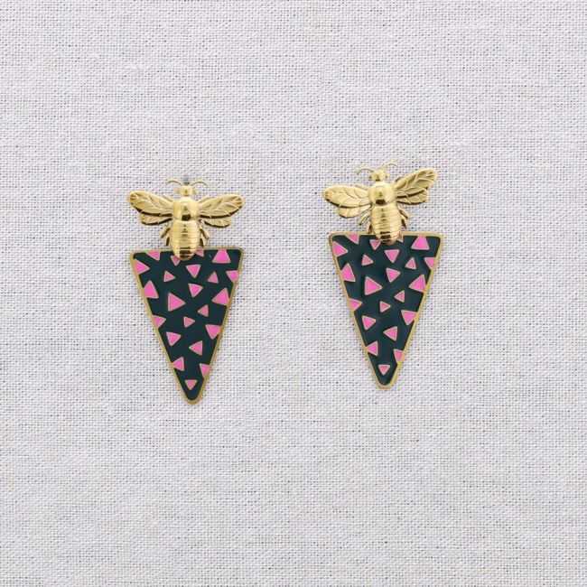 STEEL INSECT PENDANT EARRINGS TRIANGULAR ENAMEL
