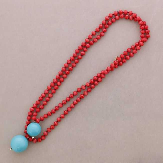 LONG NECKLACE FACETED BEADS DOUBLE BALL PENDANTS
