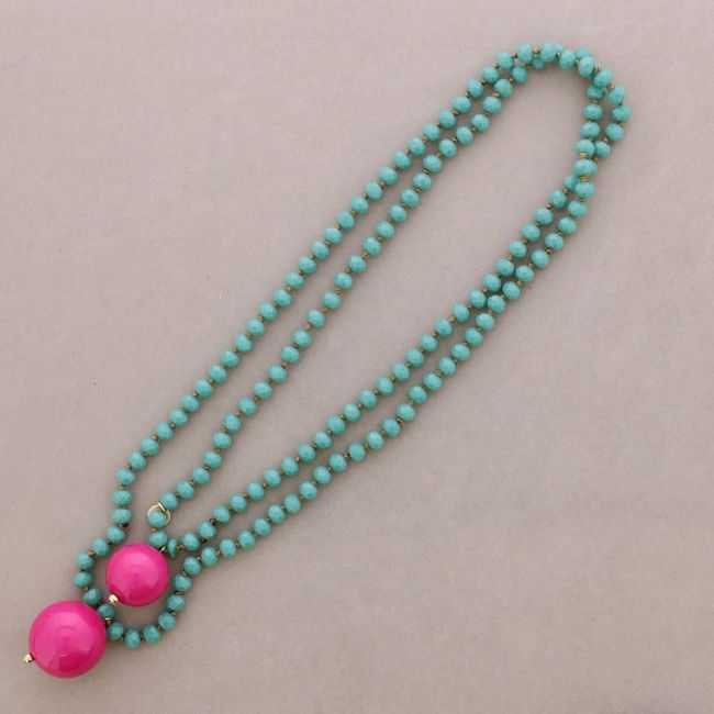 LONG NECKLACE FACETED BEADS DOUBLE BALL PENDANTS