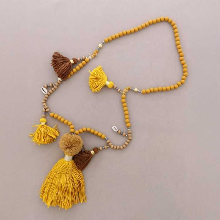 COLLAR LARGO CUENTAS MADERA POMPON FLECOS 2