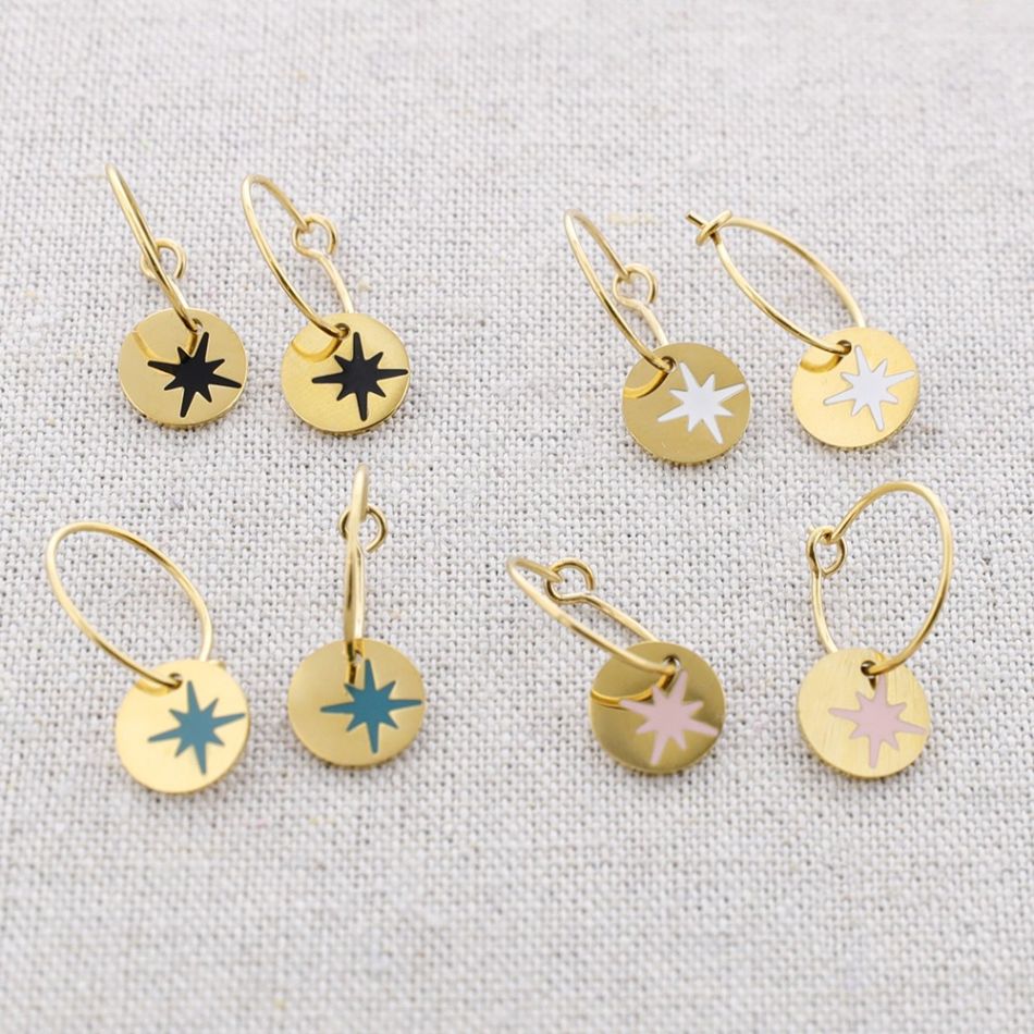 PENDIENTES ACERO ARO COLGANTE MEDALLITA ESMALTE
