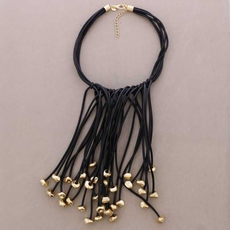 SYNTHETIC CORD CHOKER WITH FRINGES AND METAL BEADS