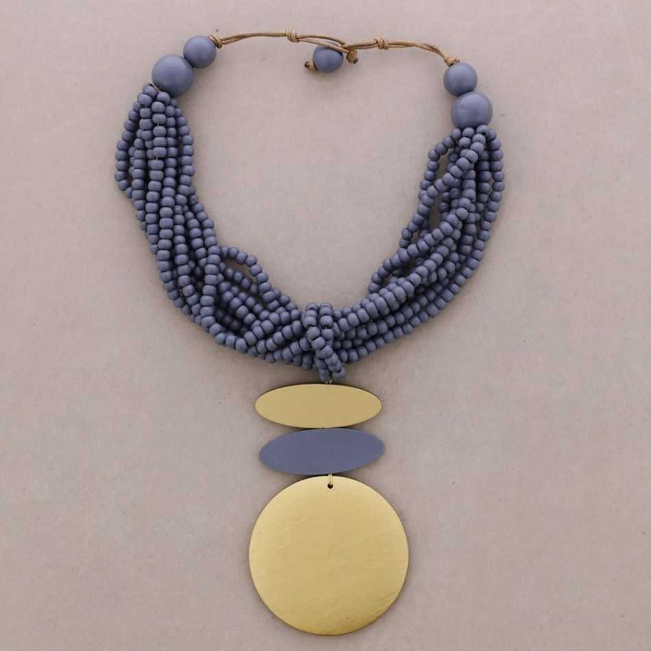 MULTI-WRAPPED CHOKER WITH WOODEN MEDAL PENDANTS