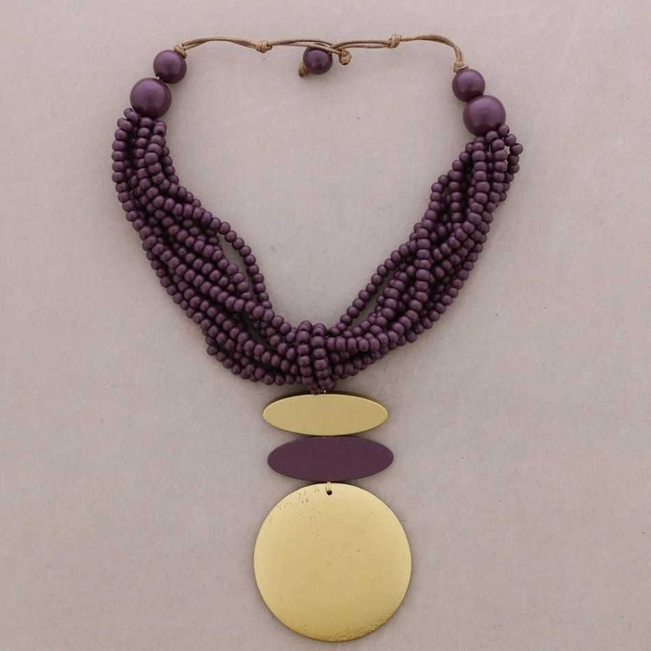 MULTI-WRAPPED CHOKER WITH WOODEN MEDAL PENDANTS