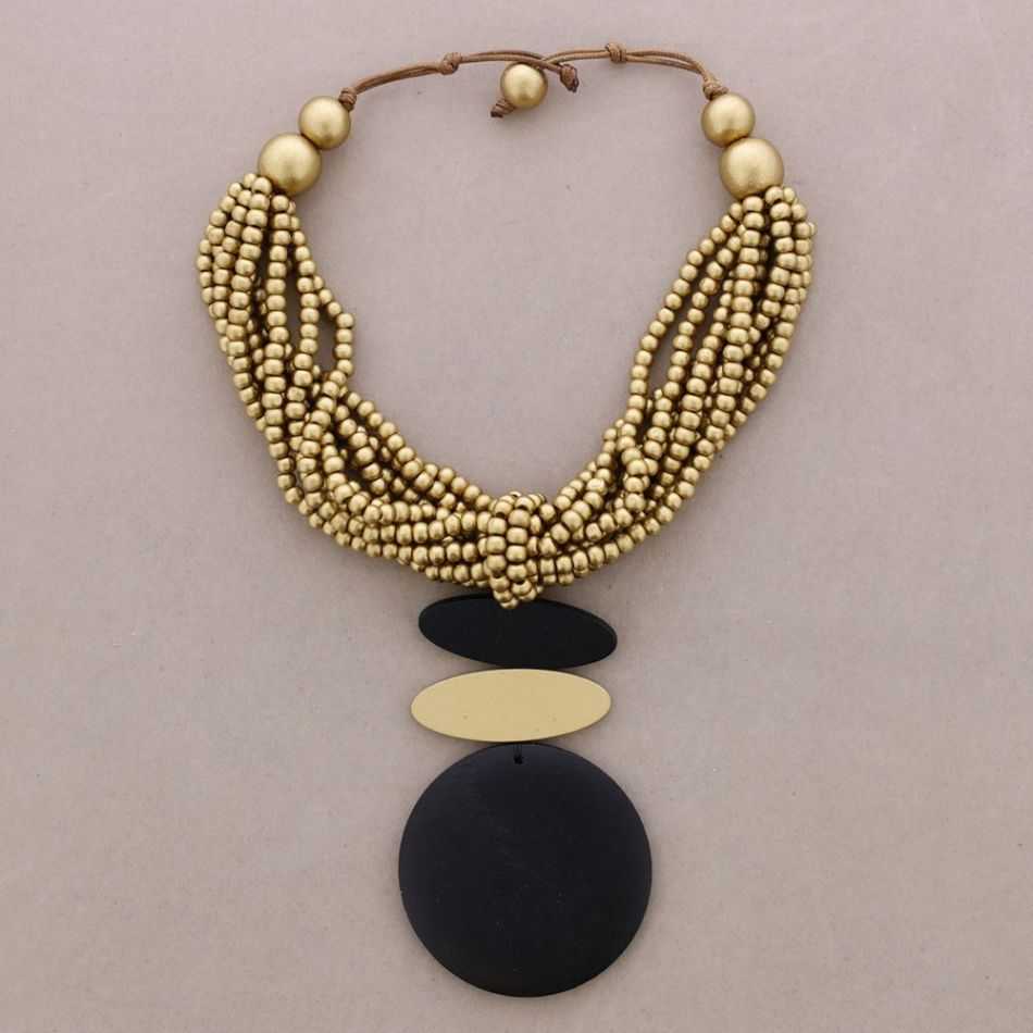 MULTI-WRAPPED CHOKER WITH WOODEN MEDAL PENDANTS