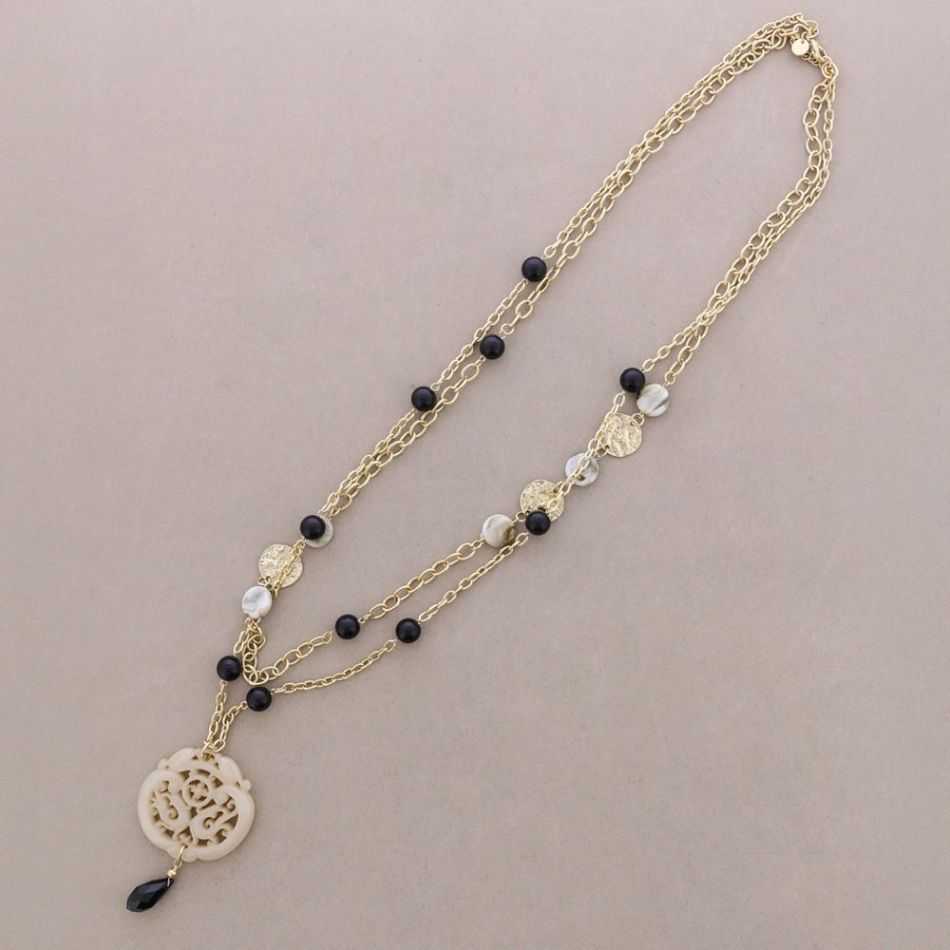 LONG DOUBLE STRAPS METAL PENDANT MEDAL FILIGREE RESIN