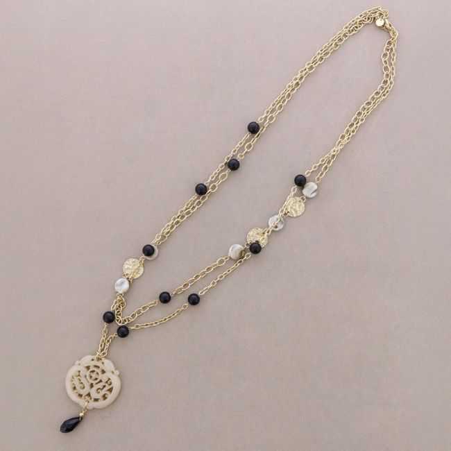 LONG DOUBLE STRAPS METAL PENDANT MEDAL FILIGREE RESIN