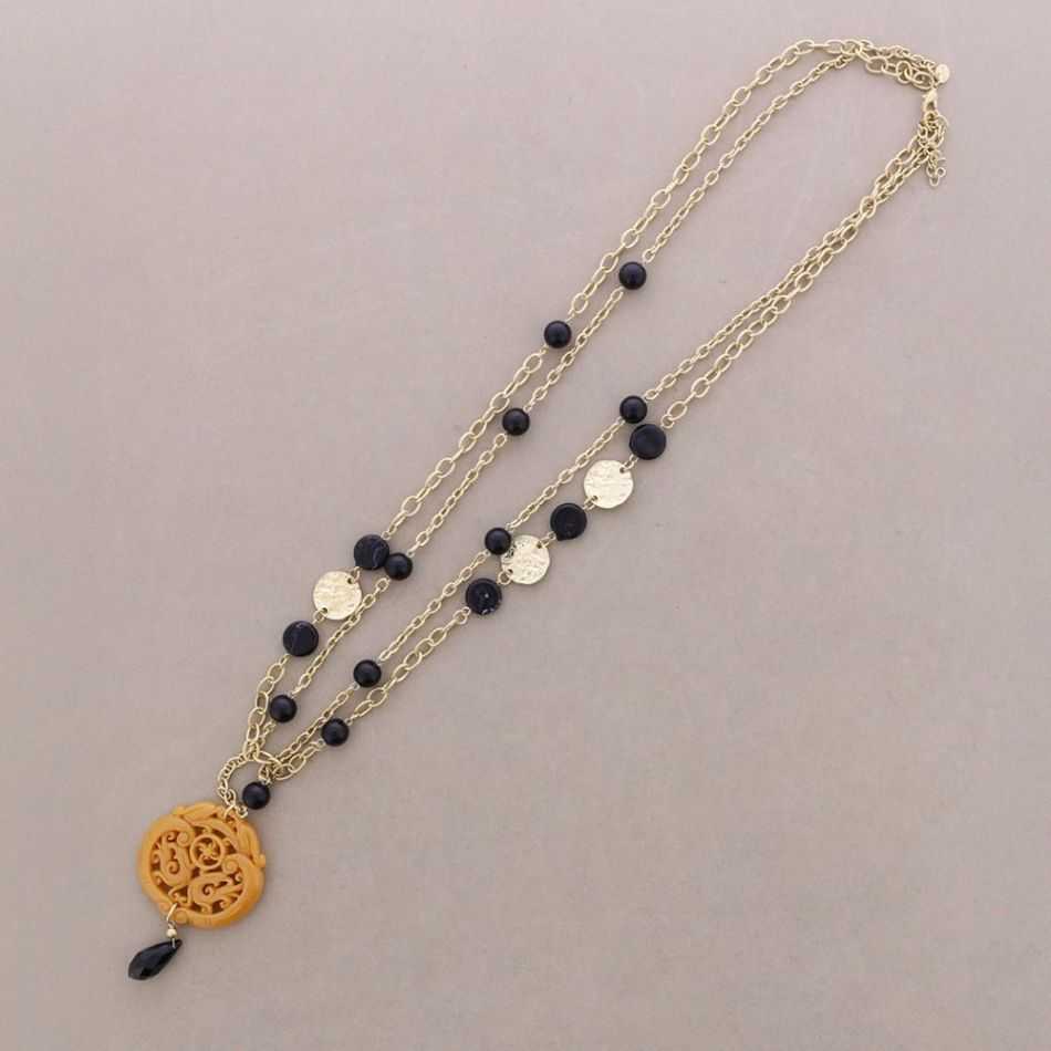 LONG DOUBLE STRAPS METAL PENDANT MEDAL FILIGREE RESIN