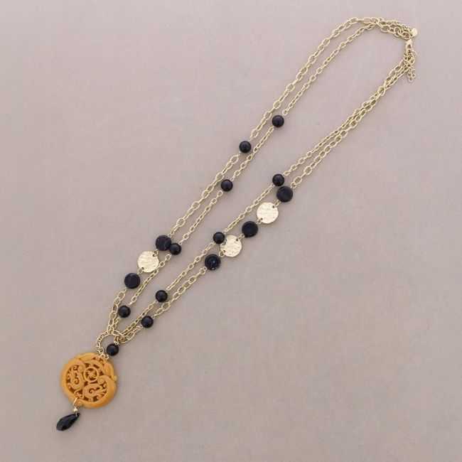 LONG DOUBLE STRAPS METAL PENDANT MEDAL FILIGREE RESIN