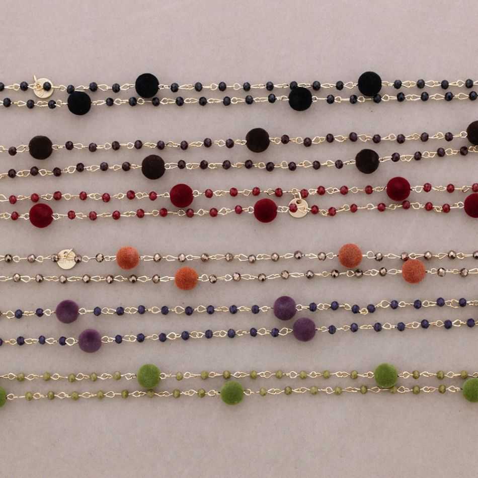 LONG NECKLACE FACETED CRYSTAL BEADS VELVET BEADS 120CM
